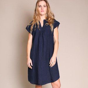 Studio 412 August Tunic Shift Dress Small S Navy Blue V Neck Short Sleeve Linen